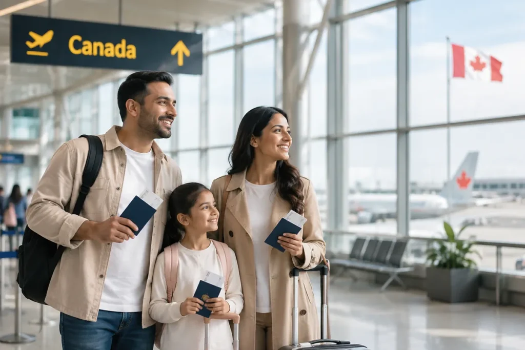 Family arriving in Canada at an airport with passports