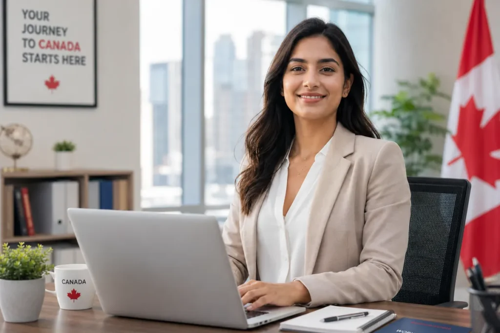 Professional woman working at a desk in a Canadian office