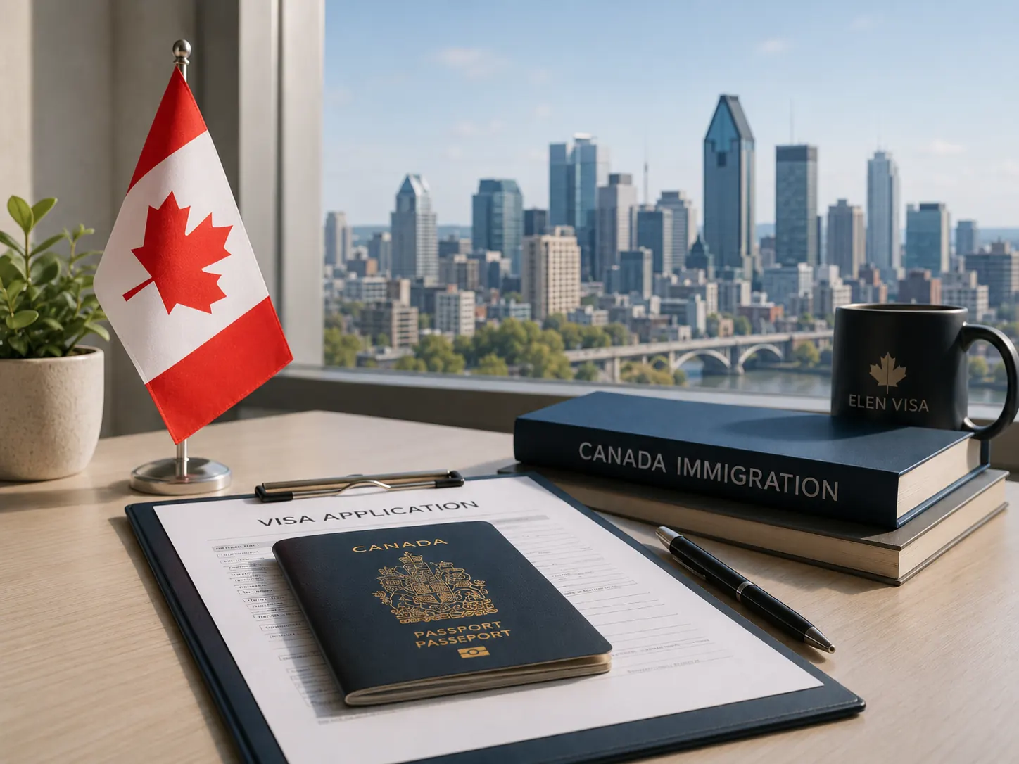 Canadian immigration consultation desk with Canada flag, passport, visa application form, and Montreal skyline