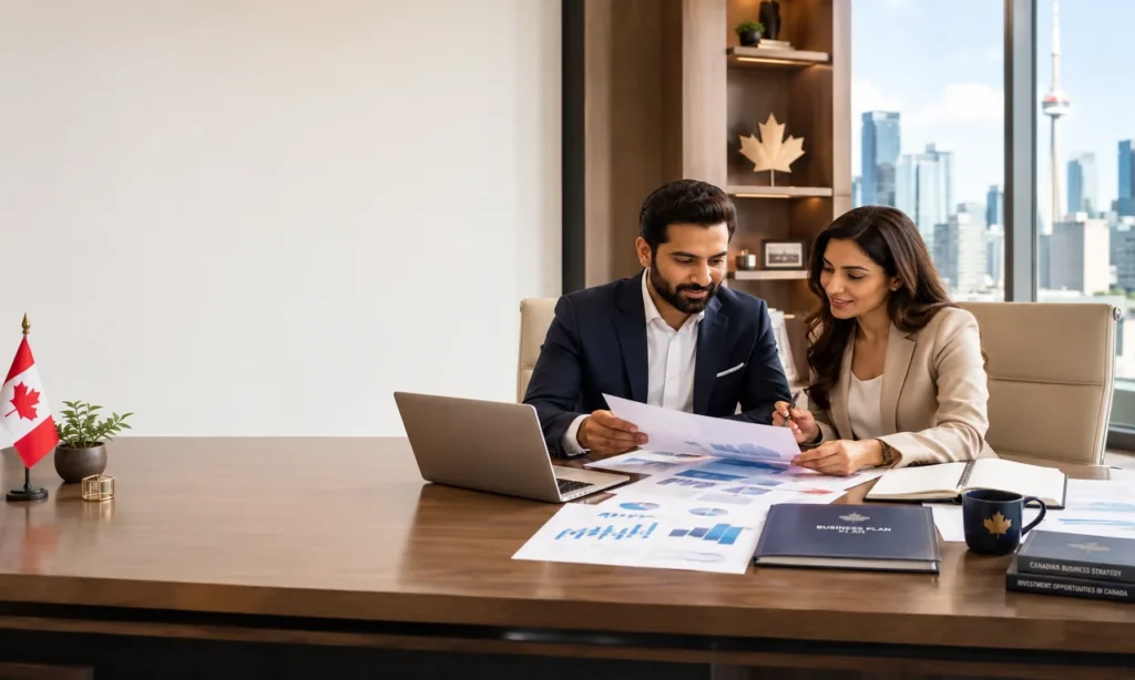 Entrepreneurs reviewing a business plan for immigration to Canada