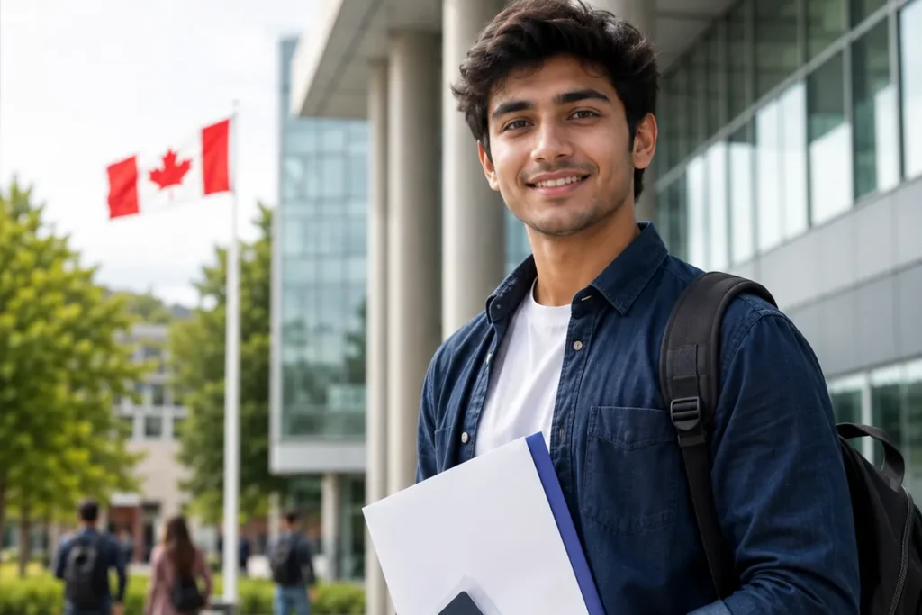 International student holding study materials on a Canadian university campus