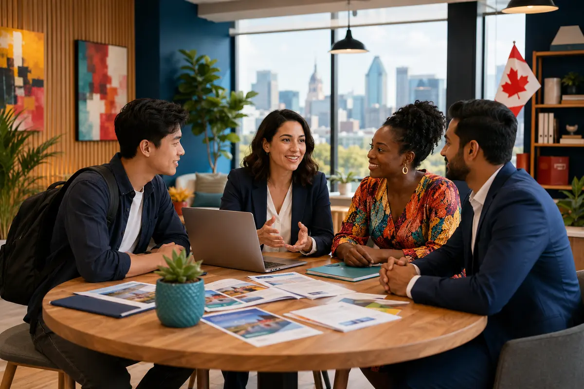 Immigration consultant discussing Canadian immigration options with a diverse group of clients
