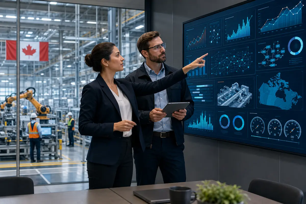 Business professionals analyzing industrial operations and performance data in a Canadian manufacturing facility