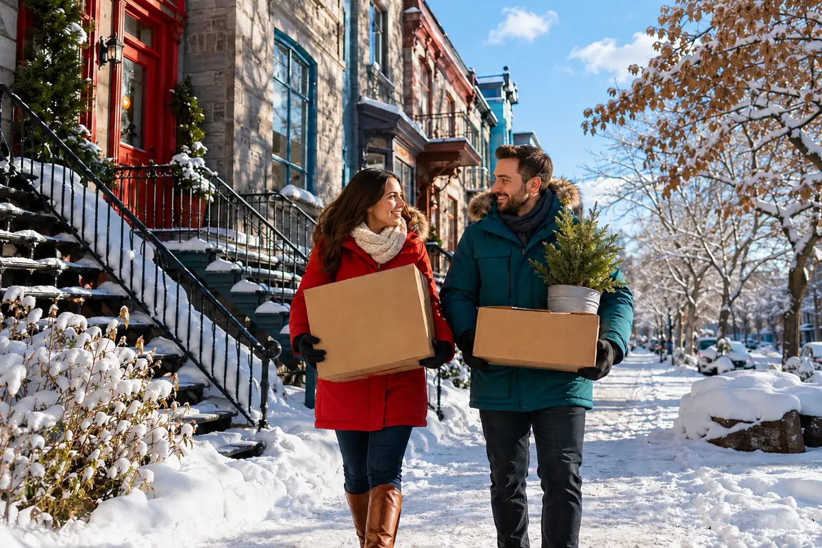 Couple moving into a new home in a snowy Montreal neighbourhood