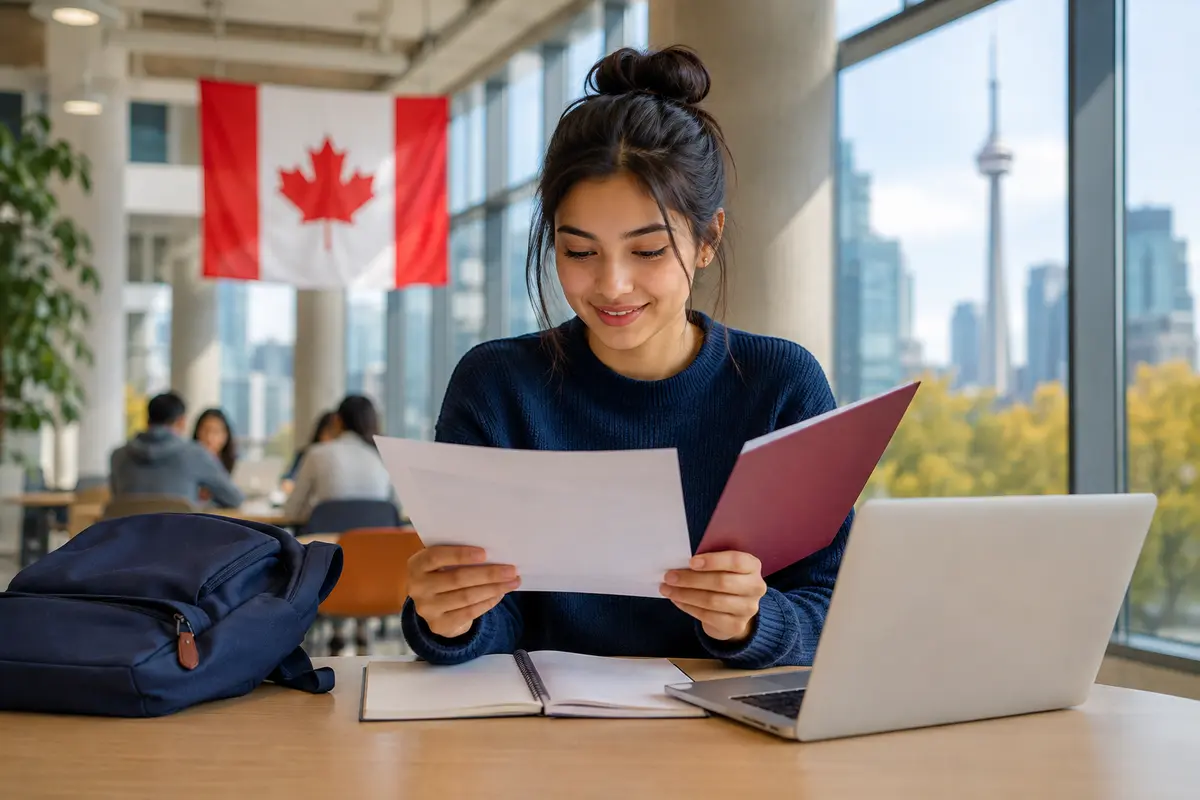 International student reviewing study documents at a Canadian university