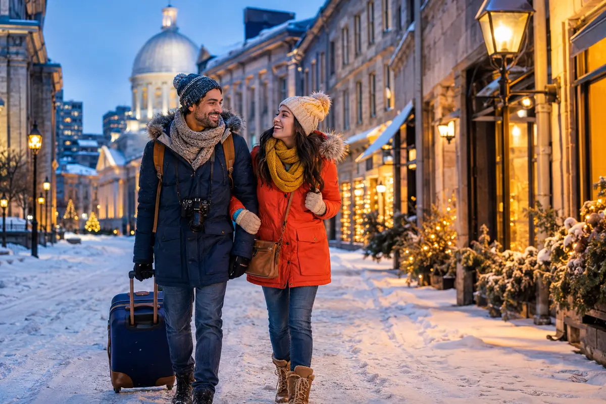 Visitors exploring snowy Old Montreal during winter